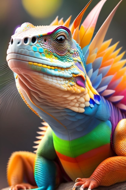 Un iguane coloré avec une tête de couleur arc-en-ciel.