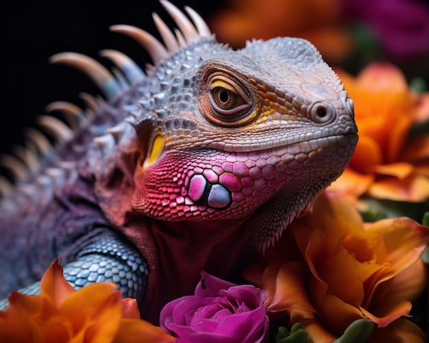 un iguane est assis sur un bouquet de fleurs