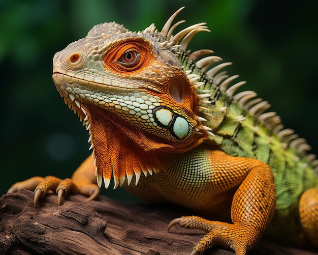 un iguane est assis sur une bûche