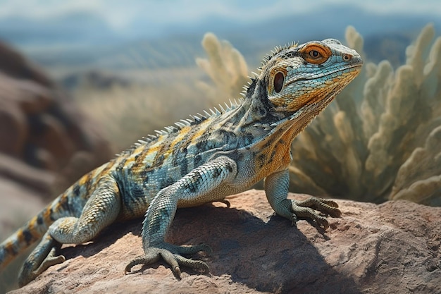 Un iguane noir est assis sur un rocher dans le désert.