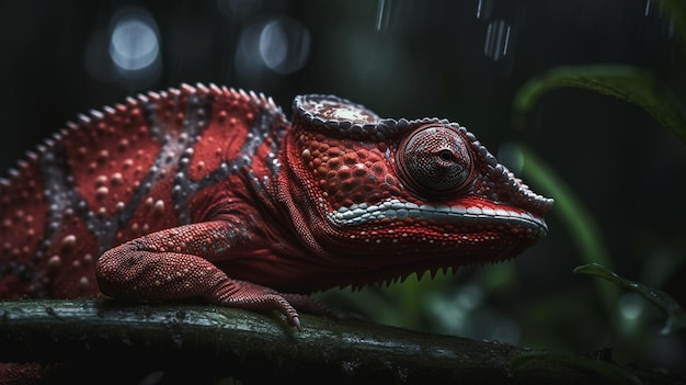 Un iguane rouge et noir est assis sur une branche sous la pluie.