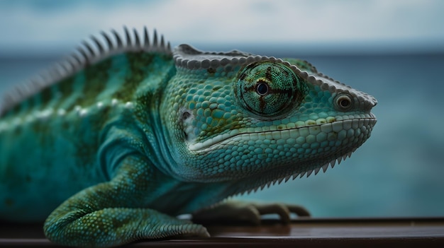 Un iguane vert est assis sur une table.