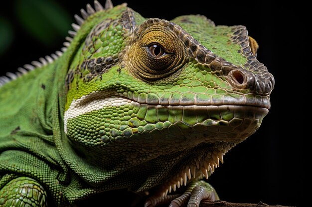 un iguane vert avec un fond noir