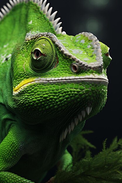 un iguane vert avec un fond noir