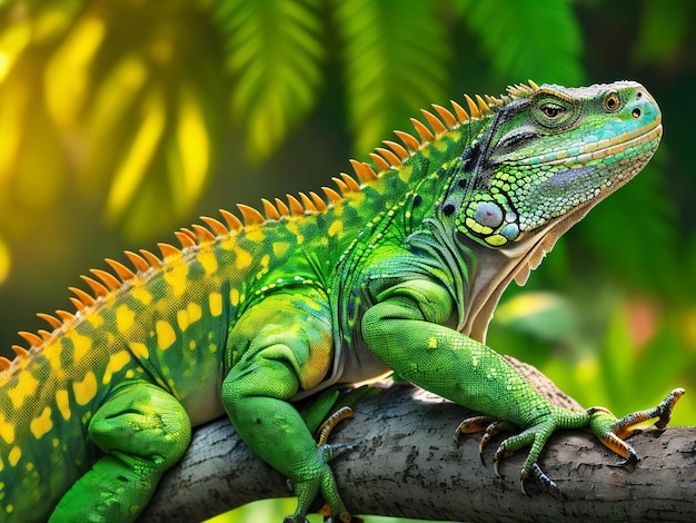 L'iguane vert rampe sur la branche ses écailles multicolores et vibrantes générées par ai