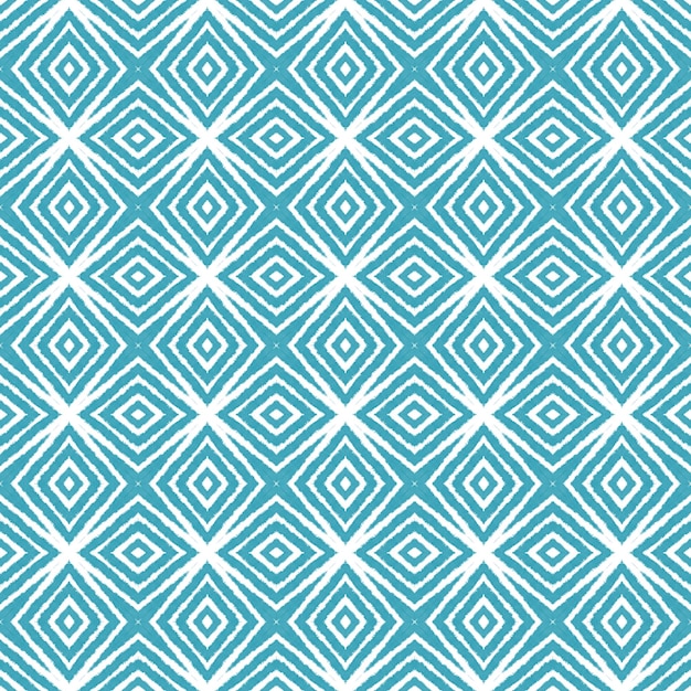 Ikat répétant la conception de maillots de bain. Fond de kaléidoscope symétrique turquoise. Modèle de maillot de bain ikat d'été. Imprimé tendance prêt pour le textile, tissu de maillot de bain, papier peint, emballage.