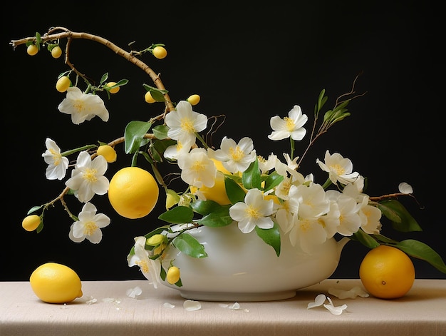 Ikebana de fleurs de jasmin et de citrons générés ia