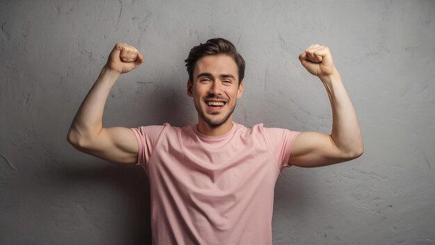 Photo il est beau, il est positif, il n'est pas rasé, il fait la danse du triomphe, il lève les poings, il s'amuse à la fête, il exprime son bonheur.