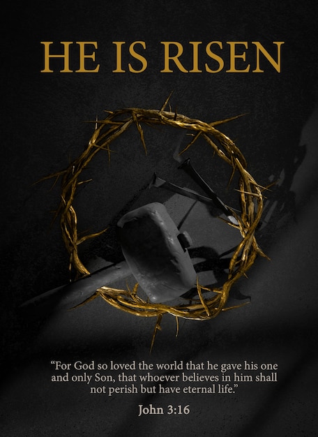 Photo il est ressuscité. conception d'affiche de pâques jésus-christ couronne d'épines clous et marteau symbole de la résurrection rendu 3d