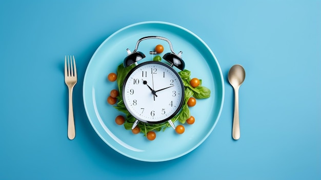 il est temps de manger une assiette avec des couverts comme horloge sur fond bleu