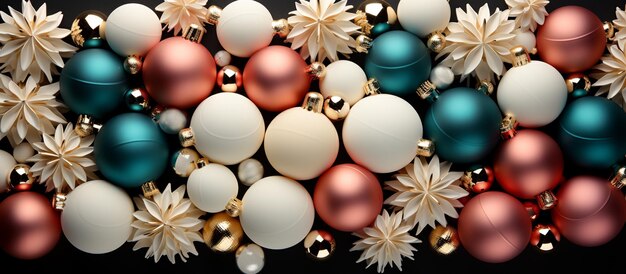 Il existe de nombreuses décorations de Noël de couleurs différentes disposées ensemble générative ai