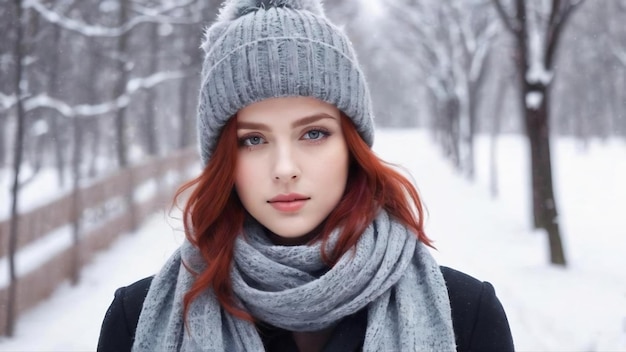 Il fait froid dehors. Une jolie et jolie femme rousse porte un chapeau gris d'hiver et une écharpe.