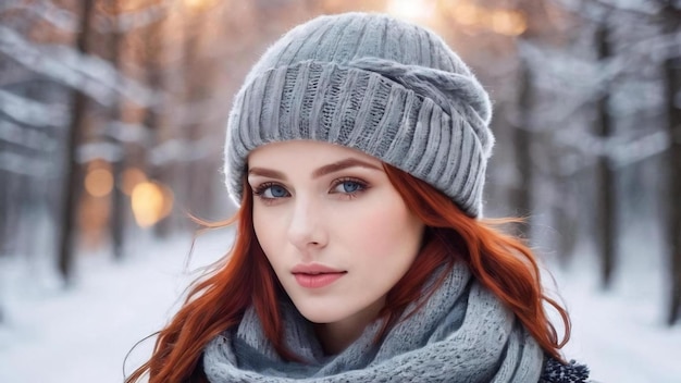 Il fait froid dehors. Une jolie et jolie femme rousse porte un chapeau gris d'hiver et une écharpe.