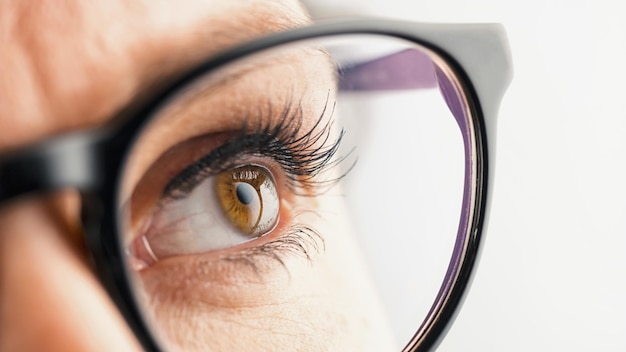 Œil féminin réfléchi avec des lunettes