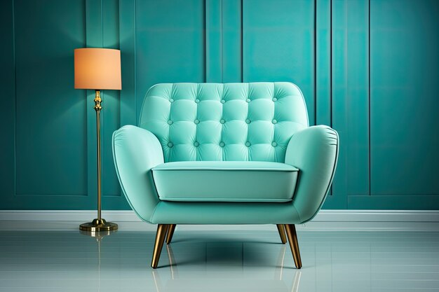 Il n'y a qu'un fauteuil bleu turquoise avec un accent blanc une chaise vintage avec un rembourrage en velours turquoise