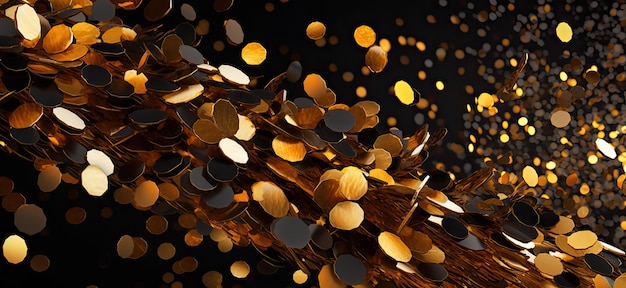 Il pleut des confettis d'or isolés sur le concept d'arrière-plan du parti noir avec un espace de copie pour la cérémonie de remise des prix du Nouvel An et du jubilé