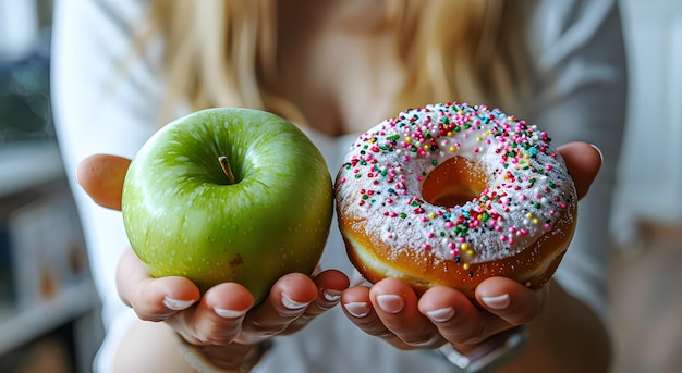 Il a une pomme et un donut à la main.