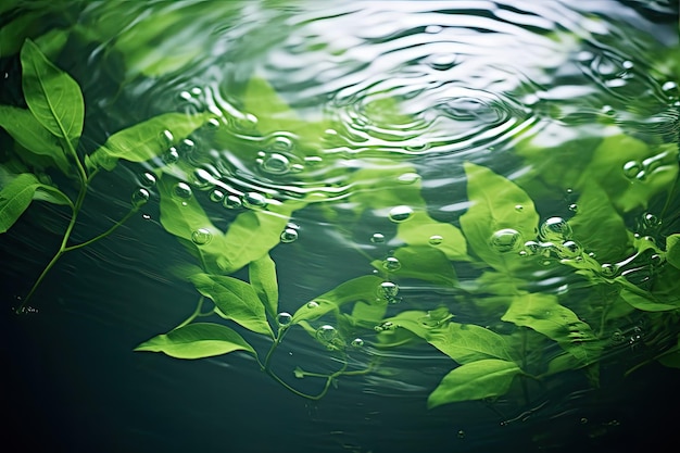 Il s'agit d'une représentation attrayante de feuilles vertes flottant à la surface de l'eau.