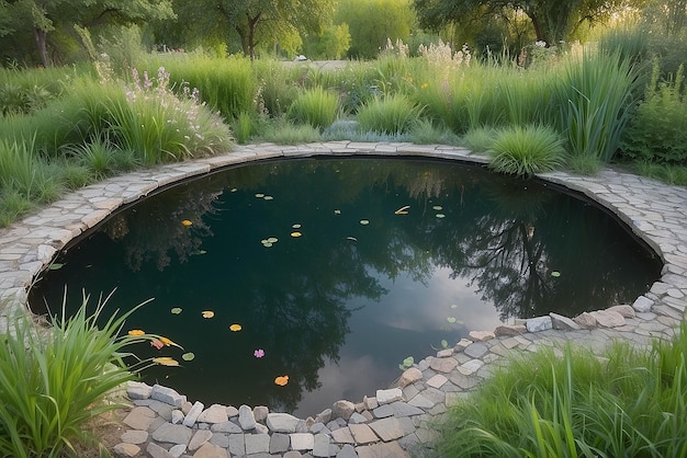 Photo il touche l'eau de l'étang.