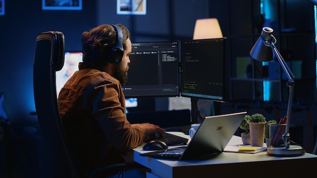 Il utilise la configuration de bureau multimoniteur et le bloc-notes pour terminer les tâches.
