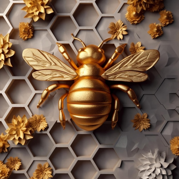 Photo il y a une abeille d'or sur un mur avec des fleurs et des nids d'abeilles ai générative