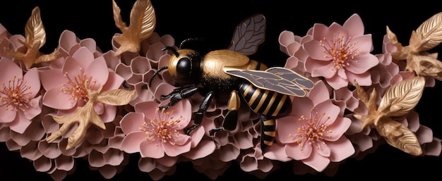 Il y a une abeille qui est assise sur une fleur avec des feuilles d'or ai générative
