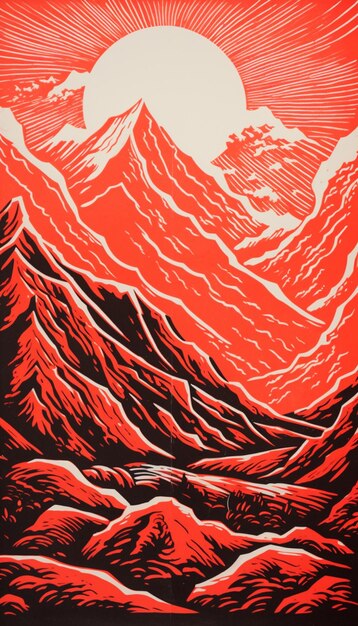 il y a une affiche rouge et noire avec une scène de montagne ai générative