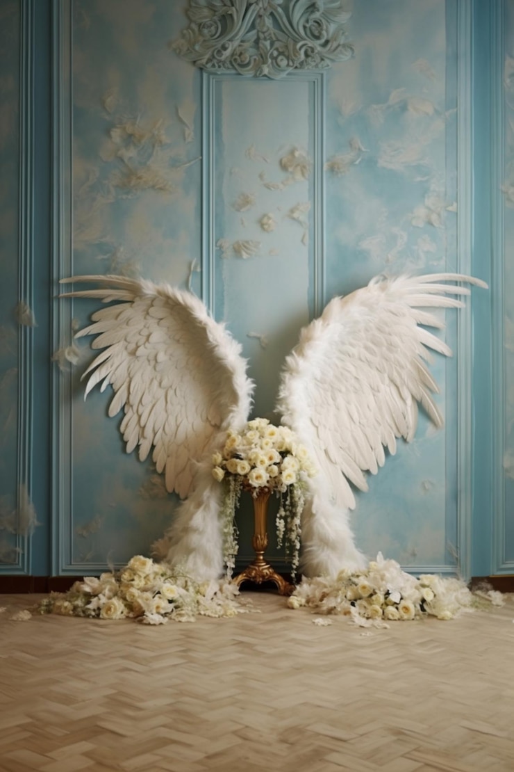 il y a des ailes d'ange blanches sur une table avec des fleurs ai générative