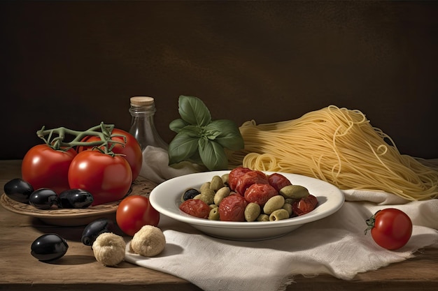 Photo il y a des aliments nutritifs comme les pâtes et les olives sur la table de la cuisine.