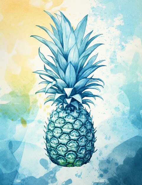 Il y a un ananas sur un fond bleu et jaune.