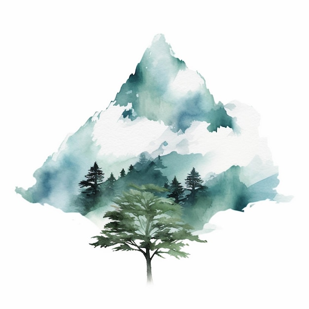 Il y a une aquarelle d'un arbre et des montagnes ai générative