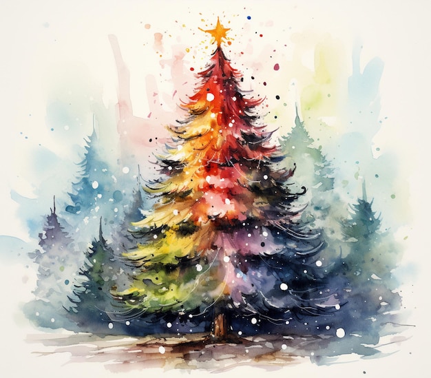 il y a une aquarelle d'un arbre de Noël avec une étoile au sommet de l'IA générative