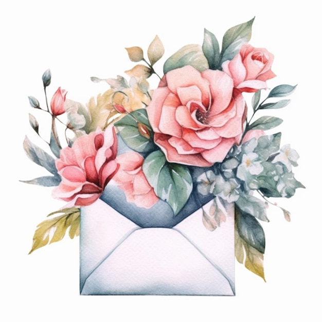 Il y a une aquarelle d'un arrangement floral dans une enveloppe ai générative