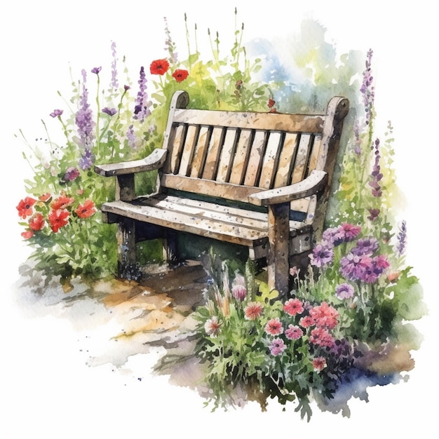 Il y a une aquarelle d'un banc dans un jardin ai générative