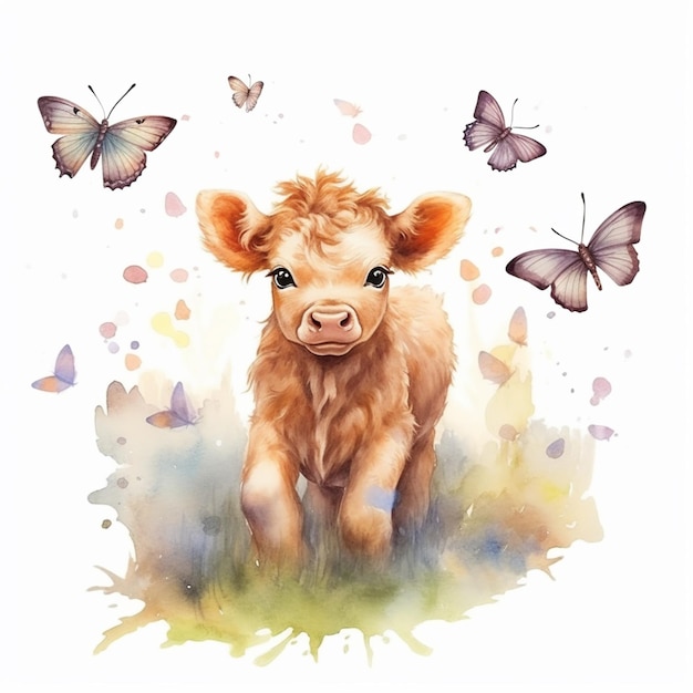 Il y a une aquarelle d'un bébé vache avec des papillons générative ai