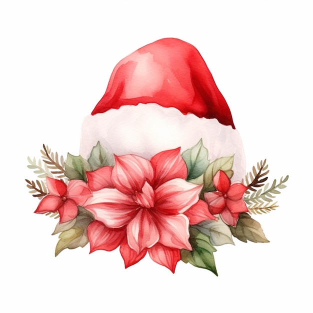 Il y a une aquarelle d'un bonnet de noel avec poinsettis générative ai