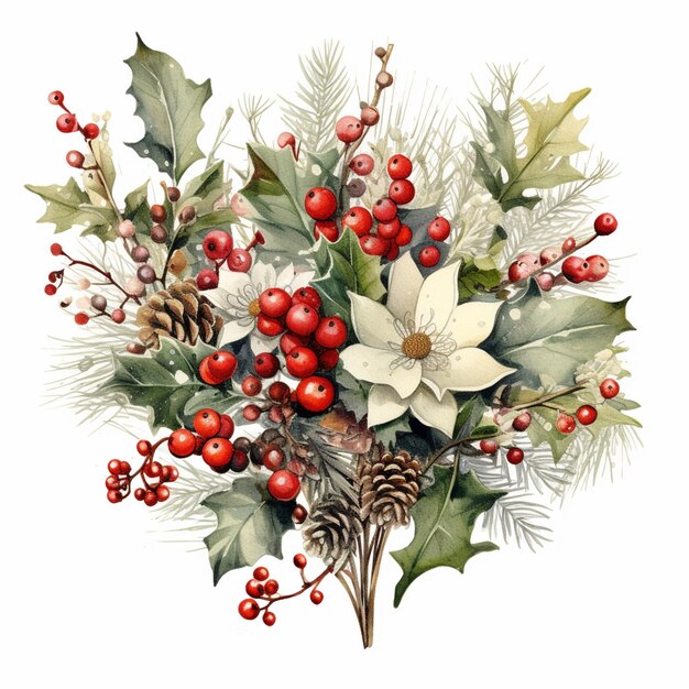 il y a une aquarelle d'un bouquet de Noël avec des feuilles de houx et des baies ai générative