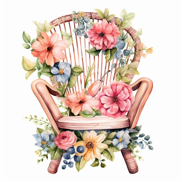 il y a une aquarelle d'une chaise avec des fleurs dessus ai générative