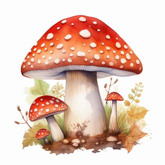 Il y a une aquarelle d'un champignon avec des feuilles génératives ai