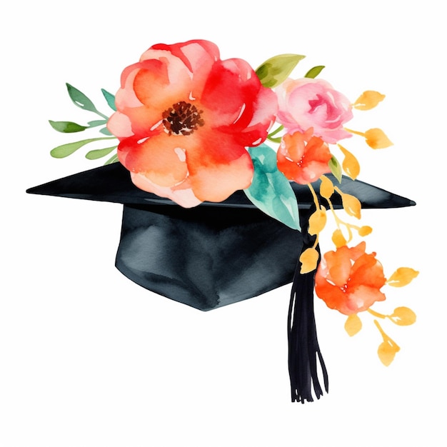 il y a une aquarelle d'un chapeau de graduation avec des fleurs ai générative