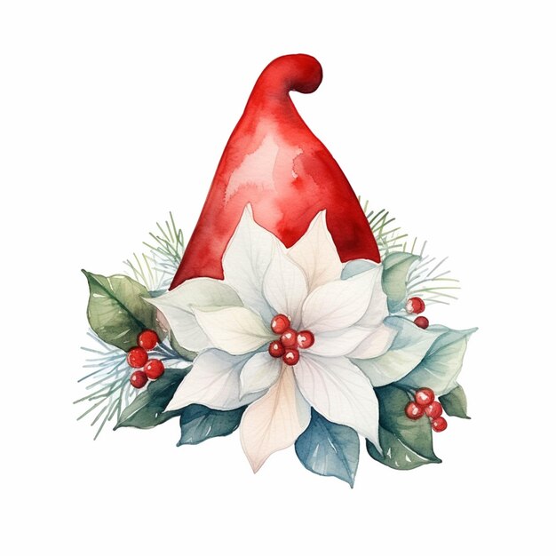 Il y a une aquarelle d'un chapeau de noël avec poinsettis générative ai