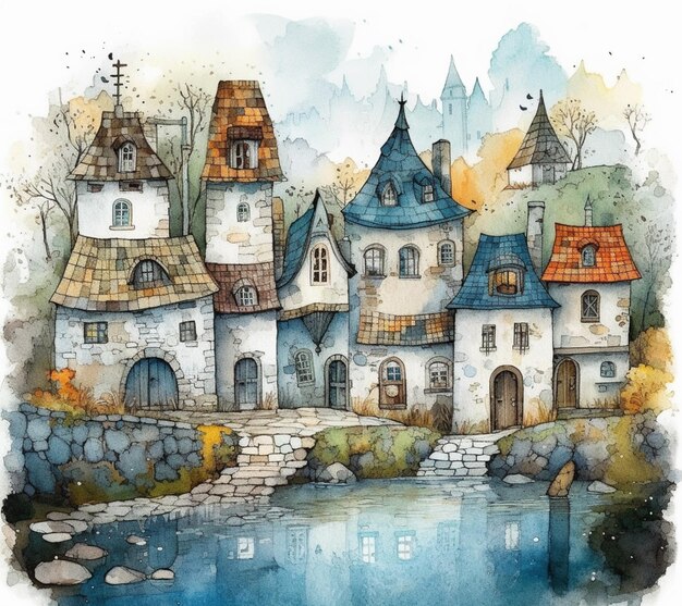 Il y a une aquarelle d'un château avec un pont ai génératif