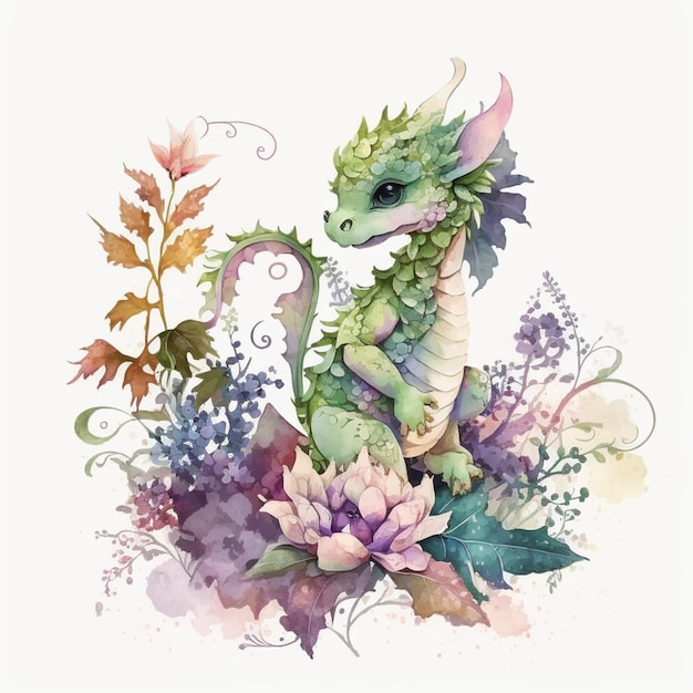 Il y a une aquarelle d'un dragon assis sur une fleur générative ai