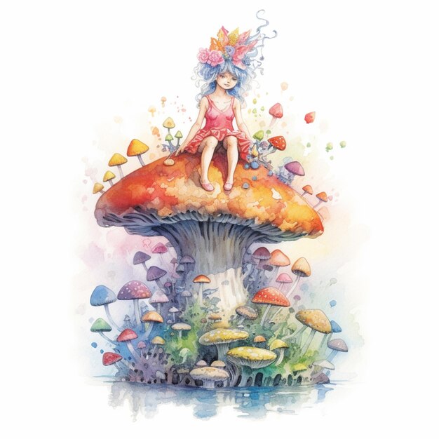 Il y a une aquarelle d'une fée assise sur un champignon ai génératif
