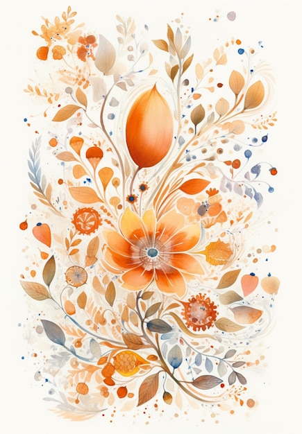 Il y a une aquarelle d'une fleur avec des oranges et bleu ai générative