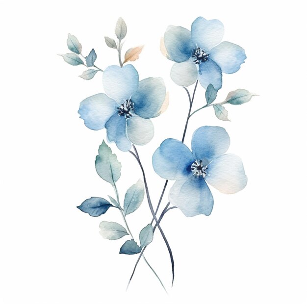 Il y a une aquarelle de fleurs bleues sur fond blanc ai générative