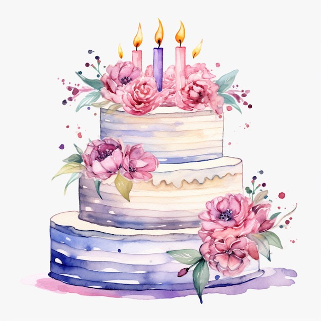 il y a une aquarelle d'un gâteau avec des bougies et des fleurs ai générative