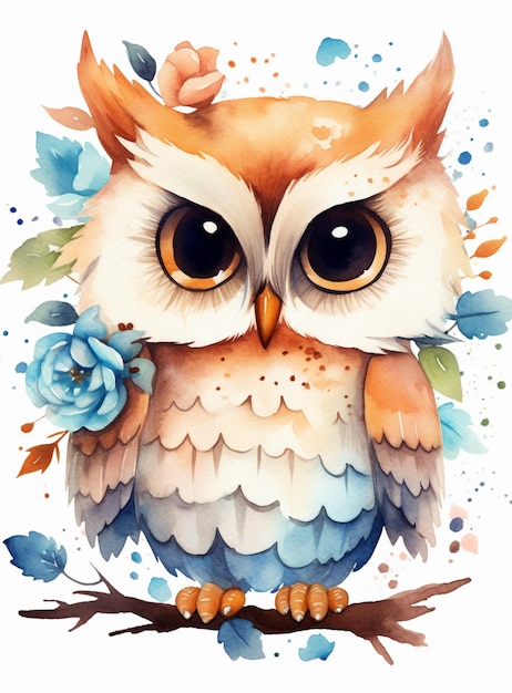 Il y a une aquarelle d'un hibou avec des fleurs dessus ai générative