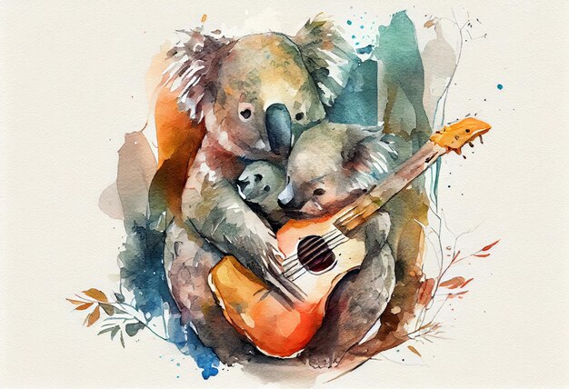 il y a une aquarelle d'un koala jouant de la guitare ai générative