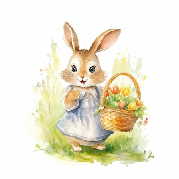 Il y a une aquarelle d'un lapin avec un panier de fleurs générative ai